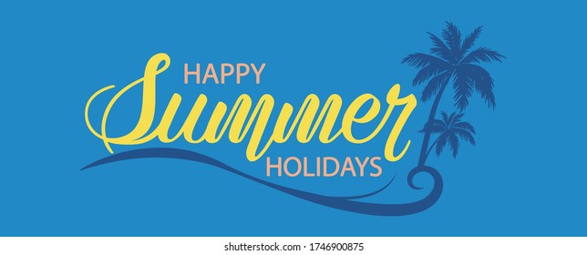 Summer vector illustration with hand lettering on a bright background. Template logo, badge, sticker, banner, greeting card or label.