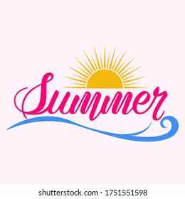 Ilustración vectorial de verano con letras a mano sobre un fondo brillante. Identificador de plantilla, pegatina, pancarta, tarjeta de saludo o etiqueta.