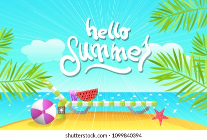 Summer vector illustration and hand-drawing message "hello summer".