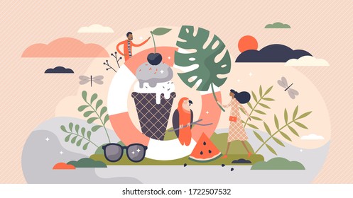 Summer vector illustration. Hot season symbols flat tiny persons concept. Abstract vintage style elements associatively with warm weather time of year. Ice cream, sunglasses, sundress collection.