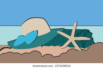 Sommervektorgrafik. Bild eines Strandes am Meer. Illustration im Papierstil. Konzept für Tourismus und Erholung.
