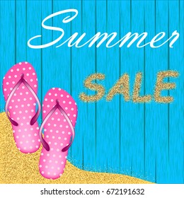 Summer vector illustration with inscription Sale of sand and pink flakes on blue wooden background of boards