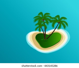 Summer vector illustration of the island in the shape of a heart with the palm trees and the sea
