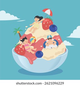 Ilustração vetorial de verão com crianças nadando e deslizando em gelo raspado de frutas