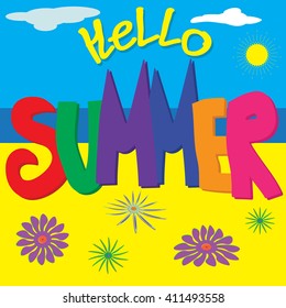 Summer. Vector illustration of  Summer lettering. Summer banner with clouds and sky. Summer season illustration. poster Say hello to summer on yellow blue background.  Summer Text Title Poster Design.