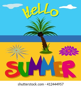 Summer. Vector illustration of  Summer lettering. Summer banner with clouds and sky. Summer season illustration. poster Say hello to summer on yellow blue background.  Summer Text Title Poster Design.
