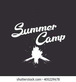 Summer vector illustration of  lettering emblem summer camp with campfire and sparks for poster, pints and typographic design