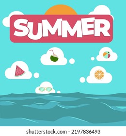 summer vector illustration with many objects related to summer vacation on the beach, there are watermelons, beach balls, lemon beach glasses, flat design vector