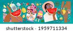 Summer! Vector illustration of marine hot vibes. Drawings of a woman with watermelon and pineapple in a swimsuit, girls with a bouquet of flowers, ice cream, soda and fruits