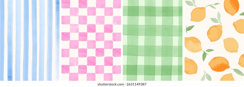 Summer vector illustration of Mediterranean backgrounds. Italian geometric watercolor patterns. Blue stripes, pink squares, green check pattern, yellow lemons.