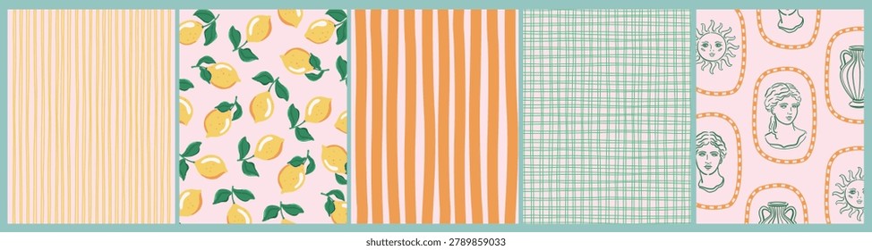 Summer vector illustration of Mediterranean backgrounds. Pattern with lemons, lines, sculpture bust, sun face, vase. Design for poster, cover, card, invitation.