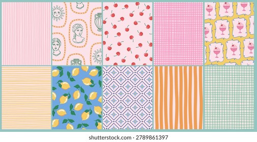 Summer vector illustration of Mediterranean backgrounds. Pattern with lemons, cherries, ice cream, lines, sculpture bust, sun face, vase. Design for poster, cover, card, invitation.