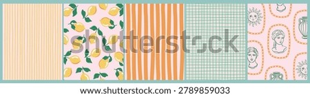Summer vector illustration of Mediterranean backgrounds. Pattern with lemons, lines, sculpture bust, sun face, vase. Design for poster, cover, card, invitation.