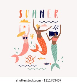 Summer vector illustration with mermaid under the sea