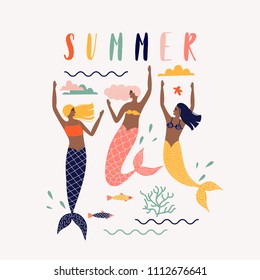 Summer vector illustration with mermaid under the sea