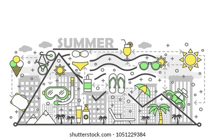Summer vector illustration. Modern thin line art flat style design element with summer symbols, icons for website banners and printed materials.