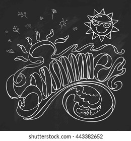 Summer vector illustration on black grunge background. Hand drawn ribbon lettering inspirational typography poster with sketches in outline style. Doodle design for banner or logotype