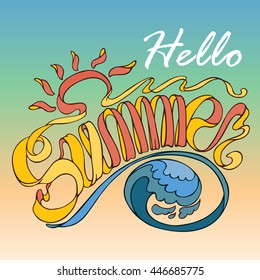 Summer vector illustration on blur background. Hand drawn colorful ribbon lettering inspirational typography poster. Doodle design for banner or logotype