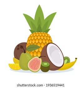 summer vector illustration on the theme of tropical fruits, isolated on a white background