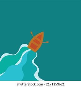 summer vector illustration orange boat in blue green sea. minimal abstract background print wall art