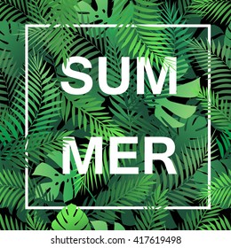 Summer vector illustration with palm leaves.  party poster, tropical background.  