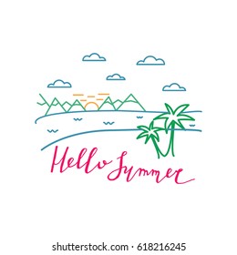 Summer vector illustration with palm, sea, sunshine, clouds and hand drawn lettering. Line art.