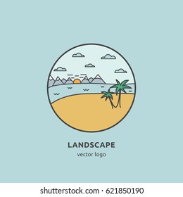 Summer vector illustration with palm, sea, sunshine, clouds. Line art.
