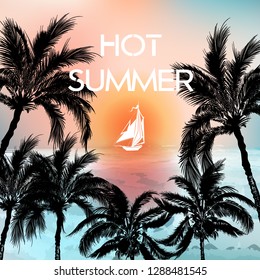 Summer vector illustration. Palm trees, ocean, sunset and ship