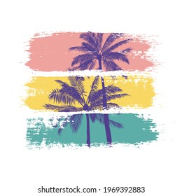 Summer vector illustration of palm trees silhouettes with colorful brush strokes. Isolated template for print and design in a tropical style. Botanical poster.