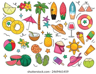 Summer vector illustration. Perfect for posters, social media, labels, and backgrounds. Featuring beach scenes, tropical fruits, and cheerful quotes.