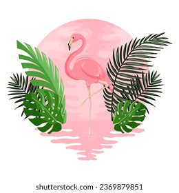 Summer vector illustration of a pink flamingo. Vector illustration