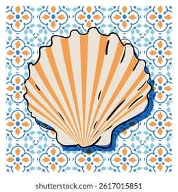 Summer vector illustration of poster or card with the image of blue Italian Mediterranean tile with shell