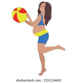 summer vector illustration, pregnant girl with a beach ball.