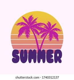 Summer vector illustration in retro style with hand lettering. Template badge, sticker, poster, postcard or label.
