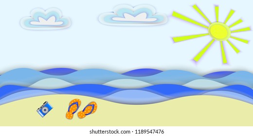 Summer vector illustration of sea and beach,  paper cut  style 