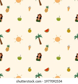 Summer vector illustration seamless pattern with cute women. Summer holliday, vacation, travel. Vector templates for card, poster, flyer, banner and other use.
