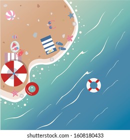 Summer Vector Illustration. Seashore with summer beach objects. From Summer Collection. Background template. For cards, postcards, posters, banners, etc.
