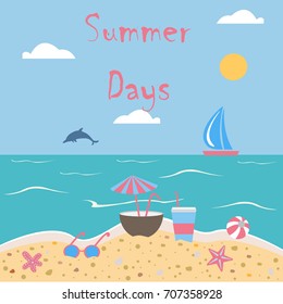 Summer Vector Illustration. Seashore with sunglasses, coconut, drink, ball, starfish, sail and dolphin. Background template. For cards, postcards, posters, banners, etc.