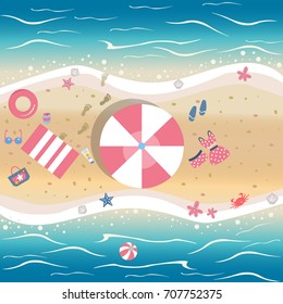 Summer Vector Illustration. Seashore from top view. Background template. For cards, postcards, posters, banners.Crab stealing food, sunscreen, clothes, flip flops, seashell, etc.