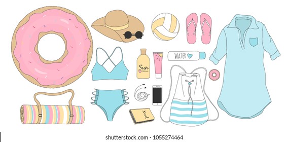Summer vector illustration set. Hand-drawn beach things. Swimsuit, life ring, slates, bag, glasses, hat, sun lounger.