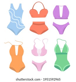 ilustración vectorial de verano. Conjunto de trajes de baño de mujeres multicolores aislados en un fondo blanco
