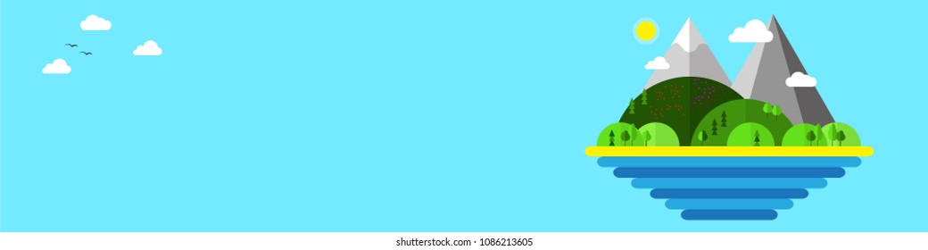 Summer vector illustration for site header or web banner, modern flat design conceptual landscapes with sea, beach, hills, trees and mountains.