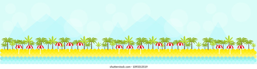 Summer vector illustration for site header, footer, web banner, flyer or postcard, modern flat design conceptual landscapes with sea/ocean, beach, palms and mountains.