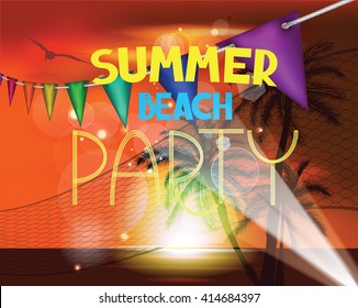 Summer vector illustration with sunset beach landscape palm trees and volleyball net. Summer beach party