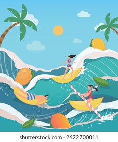 Ilustração vetorial de verão de surfistas em manga e ondas