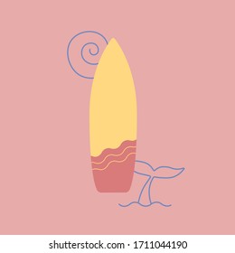 Summer vector illustration with surfing board and whale tail.