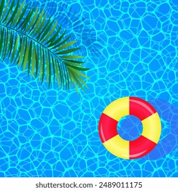 Summer vector illustration. Swimming pool top view with swim ring, water texture and tropical palms leaves. travel and vacation card for aqua centers and wallpapers, party and childish fun designs