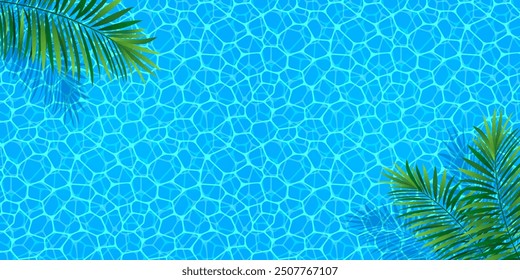Summer vector illustration. Swimming pool top view with water reflection texture and tropical rainforest palms leaves. Seascape card for travel and vacation wallpapers, party and childish fun designs
