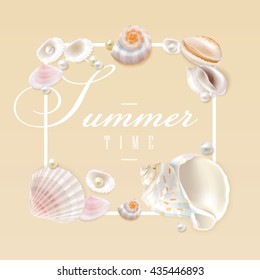 Summer vector illustration template with summertime typographic design framed with exotic tropical seashells and pearls in light pastel colors