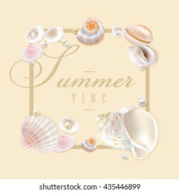 Summer vector illustration template with summertime typographic design framed with exotic tropical seashells and pearls in top view perspective